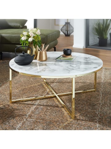 KADIMA DESIGN Runder Couchtisch in Marmor-Optik, 80 cm Durchmesser, Hochglanz in Weiß