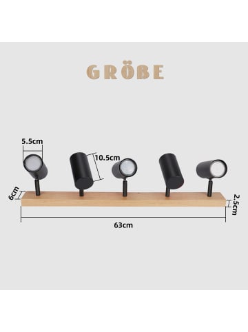 ZMH Deckenleuchte in schwarz 5-flammige GU10 Holz Metall Deckenspot schwenkbar