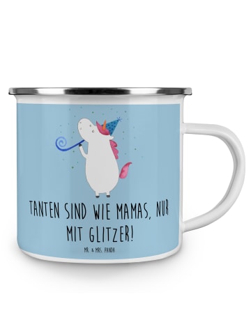 Mr. & Mrs. Panda Camping Emaille Tasse Glitzernde Tante mit Spruch in Blau Pastell