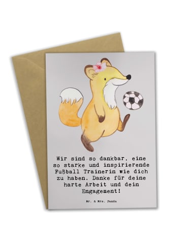 Mr. & Mrs. Panda Grußkarte Fußball Trainerin Dankbarkeit mit Spruch in Grau Pastell
