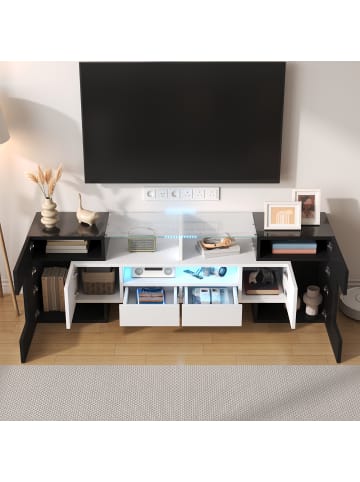 ABRIHOME TV-Schrank in Schwarz Hochglanz 145 cm mit LED Beleuchtung und Glasoberfläche