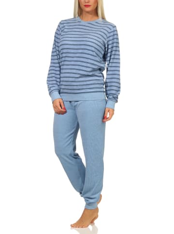 NORMANN Frottee Pyjama langarm Schlafanzug Bündchen Streifen in hellblau