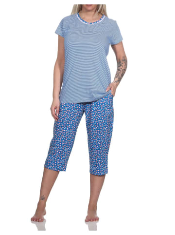 NORMANN Kurzarm Schlafanzug Caprihose Oberteil gestreift Hose floral - 78878 in marine