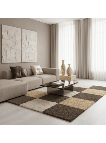 KADIMA DESIGN Teppich Hochflor Shaggy Waschbar Karo RHEIN Strapazierfähig in Mokka