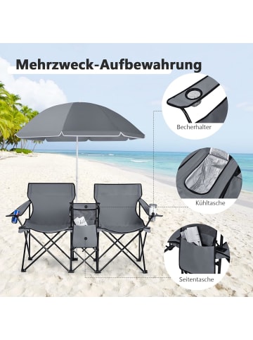 COSTWAY 2-Sitzer Campingstuhl mit Sonnenschirm in Grau