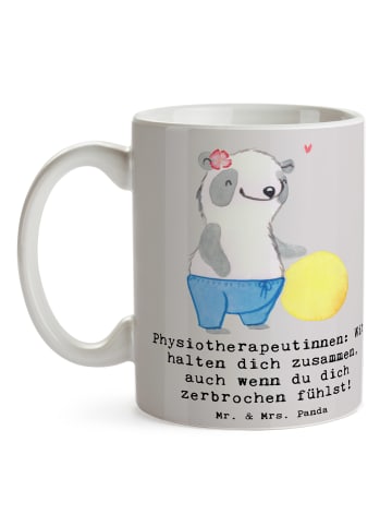 Mr. & Mrs. Panda Tasse Physiotherapeutin Zusammenhalt mit Spruch in Grau Pastell
