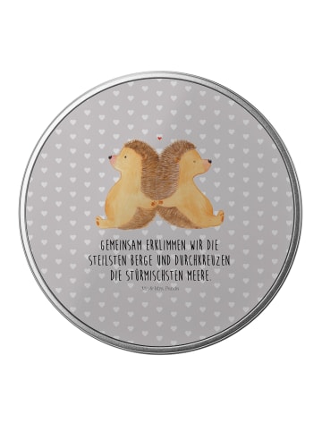 Mr. & Mrs. Panda Blechbüchse Igel händchenhaltend mit Spruch in Grau Pastell
