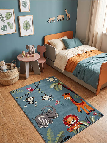 KADIMA DESIGN CASOLA Kinderteppich Blau 80x150 Dschungel Polypropylen Kinderzimmer in Blau