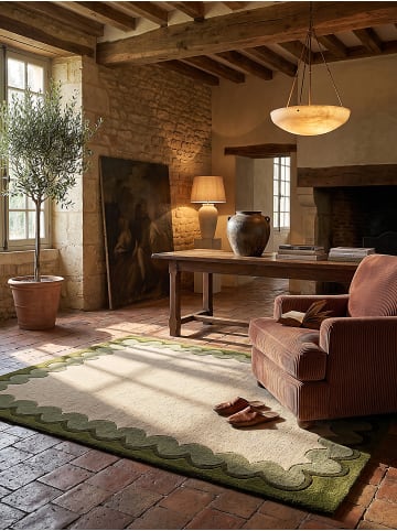 KADIMA DESIGN Wollteppich fussbodenheizung-geeignet WAVENEY handgetuftet retro in Olivgrün