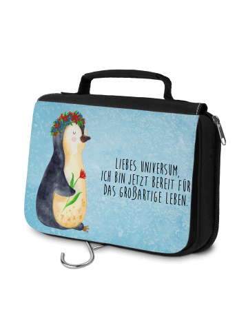 Mr. & Mrs. Panda Kosmetiktasche Pinguin Blumen mit Spruch in Eisblau