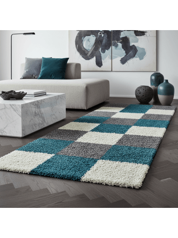 KADIMA DESIGN Teppich Hochflor Shaggy Waschbar Karo RHEIN Strapazierfähig in Türkis