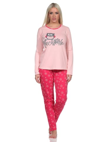 NORMANN Lange Pyjama Schlafanzug Rundhals und Eulen - 80047 in rosa