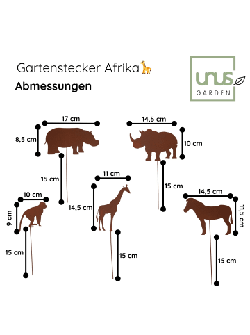 UNUS Gartenstecker 5er Set Tiere in Afrika Rostoptik in Rost