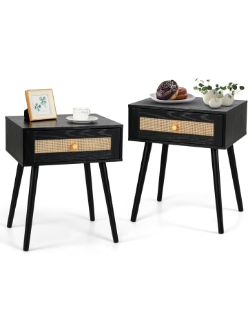 COSTWAY 2er Set Nachttisch Rattan in Schwarz