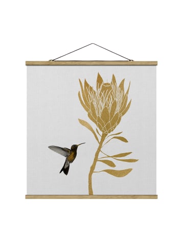 WALLART Stoffbild - Kolibri und tropische goldene Blüte in Gold