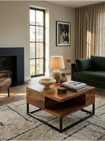 KADIMA DESIGN Sofatisch, Sheeshamholz, Staufach, 60x60x34,5 cm, Industrial-Design