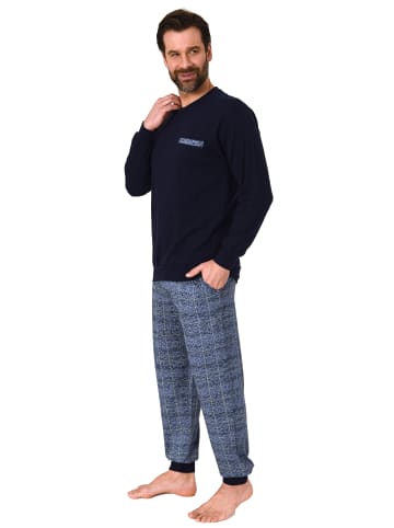 NORMANN Pyjama Bündchen und karierter Jersey Hose in marine