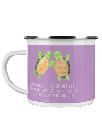 Mr. & Mrs. Panda Camping Emaille Tasse 50. Hochzeitstag mit Spruch in Lavendeltraum