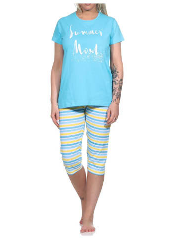 NORMANN er Capri Schlafanzug kurzarm Pyjama Hose geringelt - 73757 in hellblau