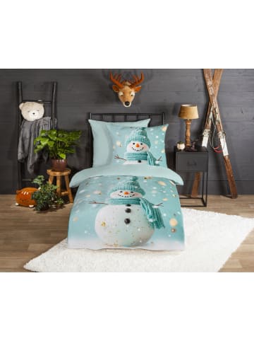JACK 2 tlg. Flanell Bettwäsche 135x200cm Happy Schneemann in Blau/Weiß