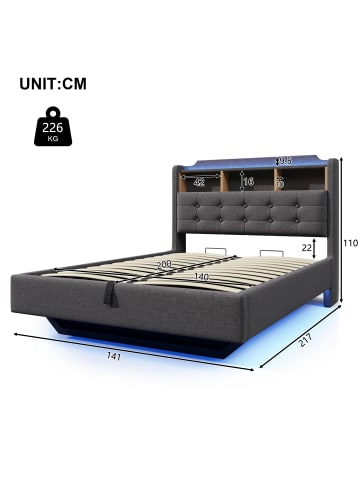ABRIHOME Polsterbett in Grau 140x200 cm mit LED Stauraum USB C Leinenstoff