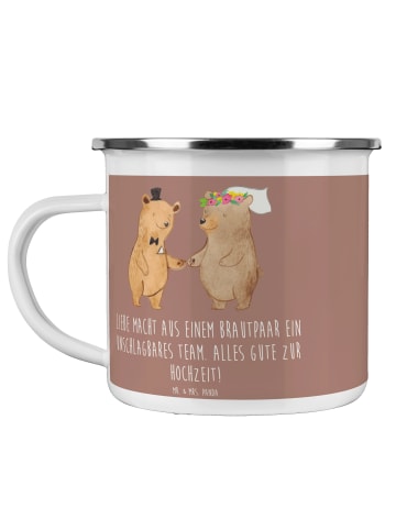 Mr. & Mrs. Panda Camping Emaille Tasse Unschlagbares Brautpaar m... in Braun Pastell