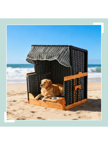 relaxdays Hundestrandkorb "Gestreift" in Grau / Natur – (B)75 x (H)95 x (T)65 cm