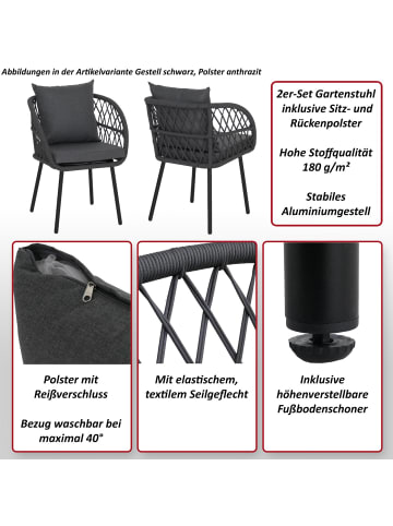 MCW 2er-Set Gartenstuhl Q38 Seilgeflecht, Gestell schwarz, Polster hellgrau