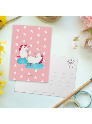 Mr. & Mrs. Panda Postkarte Einhorn Sekt ohne Spruch in Rot Pastell
