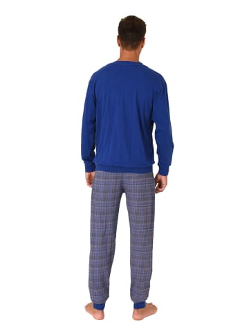 NORMANN langarm Schlafanzug Pyjama Bündchen und karierter Jersey Hose - 83176 in blau