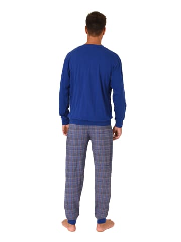 NORMANN langarm Schlafanzug Pyjama Bündchen und karierter Jersey Hose in blau