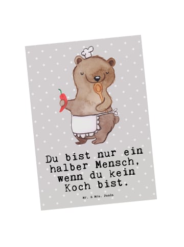 Mr. & Mrs. Panda Postkarte Koch Herz mit Spruch in Grau Pastell