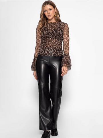 SASSYCLASSY Mesh Langarmshirt mit Leo-Print und Volantärmeln in Braun