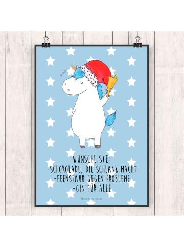 Mr. & Mrs. Panda Bild für Wand Einhorn Weihnachtsmann mit Spruch in Blau Pastell