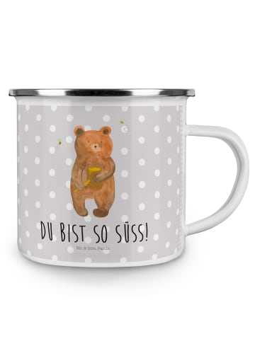 Mr. & Mrs. Panda Camping Emaille Tasse Bär Honig mit Spruch in Grau Pastell