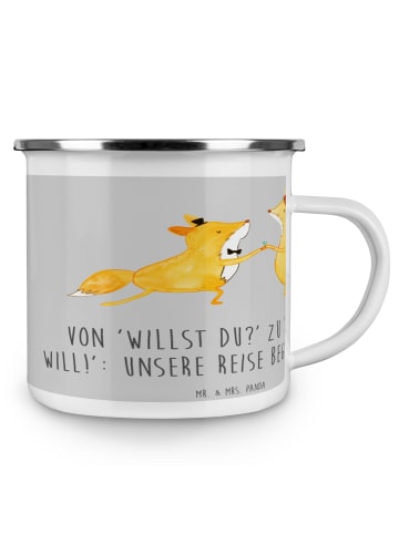 Mr. & Mrs. Panda Emaille Tasse Verlobung Abenteuer mit Spruch in Heather Grey