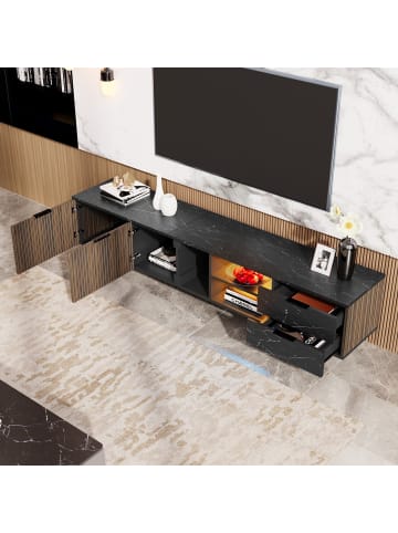 ABRIHOME LED TV-Schrank 200cm in Marmoroptik mit Holzmasertüren, 2 Türen & 2 Schubladen