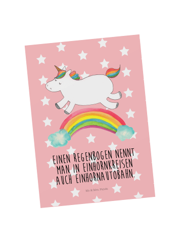 Mr. & Mrs. Panda Ansichtskarte Einhorn Regenbogen mit Spruch in Rot Pastell