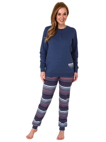NORMANN Pyjama Bündchen und gestreifter Hose - 69179 in blau-melange