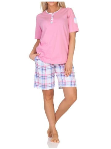 NORMANN Schlafanzug kurzarm Pyjama Shorty karierte Jersey Hose - 85276 in rosa