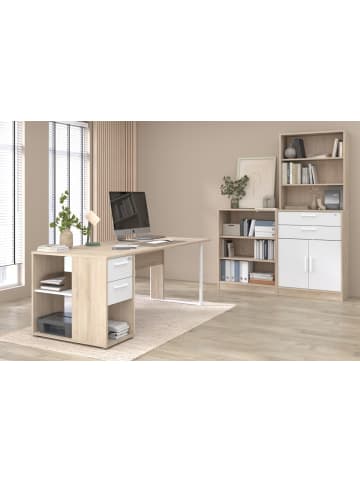 Parisot Büromöbel-Set in Eiche, weiß, Set mit Schreibtisch, Container und Stauraumregal