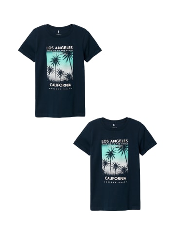 name it T-Shirt 2er-Set Print Design Lockeres Rundhals Shirt in Blau-2