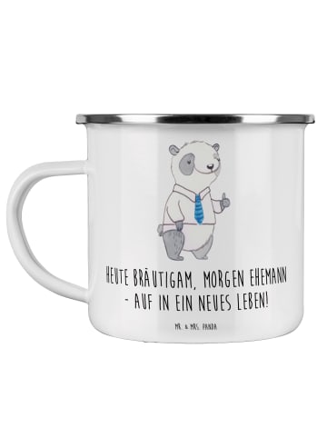 Mr. & Mrs. Panda Camping Emaille Tasse Bräutigam Heute mit Spruch in Weiß