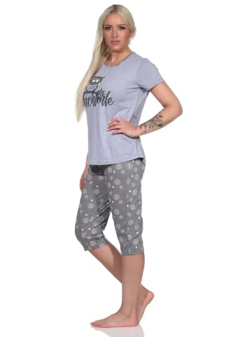 NORMANN kurzarm Schlafanzug Capri Pyjama Eulen "Nachteule" - 79941 in grau