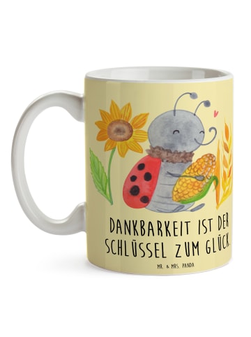 Mr. & Mrs. Panda Kaffeetasse Erntedankfest Dankbarkeit mit Spruch in Gelb Pastell