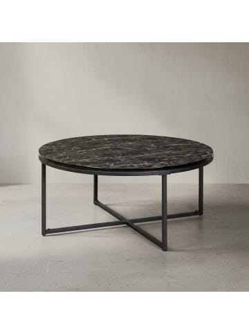 KADIMA DESIGN Runder Couchtisch in Marmor-Optik, 80 cm Durchmesser, Hochglanz in Schwarz
