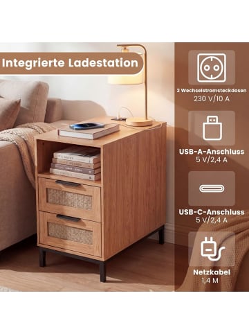 COSTWAY Nachttisch mit Ladestation 60 × 35 × 61 cm in Hellbraun