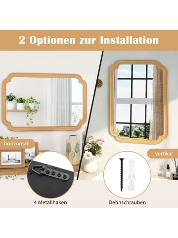 COSTWAY Rechteckiger Spiegel mit Holzrahmen in Hellbraun