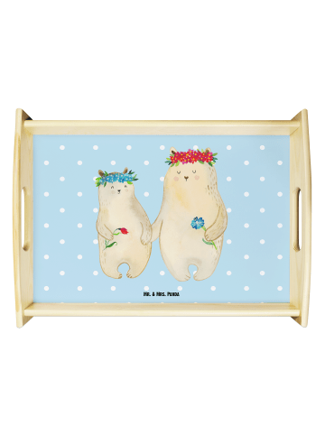 Mr. & Mrs. Panda Serviertablett Holz Bären mit Blumenkranz ohne ... in Blau Pastell