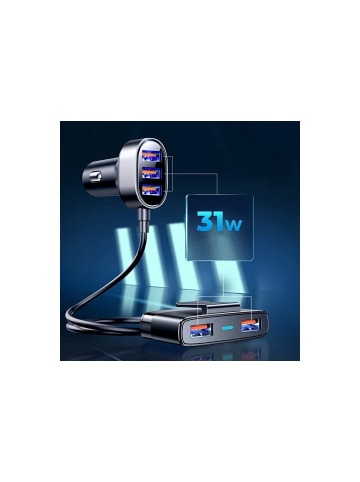 Wisam® Auto-Schnellladegerät 5x USB 6.2A mit Verlängerungskabel schwarz